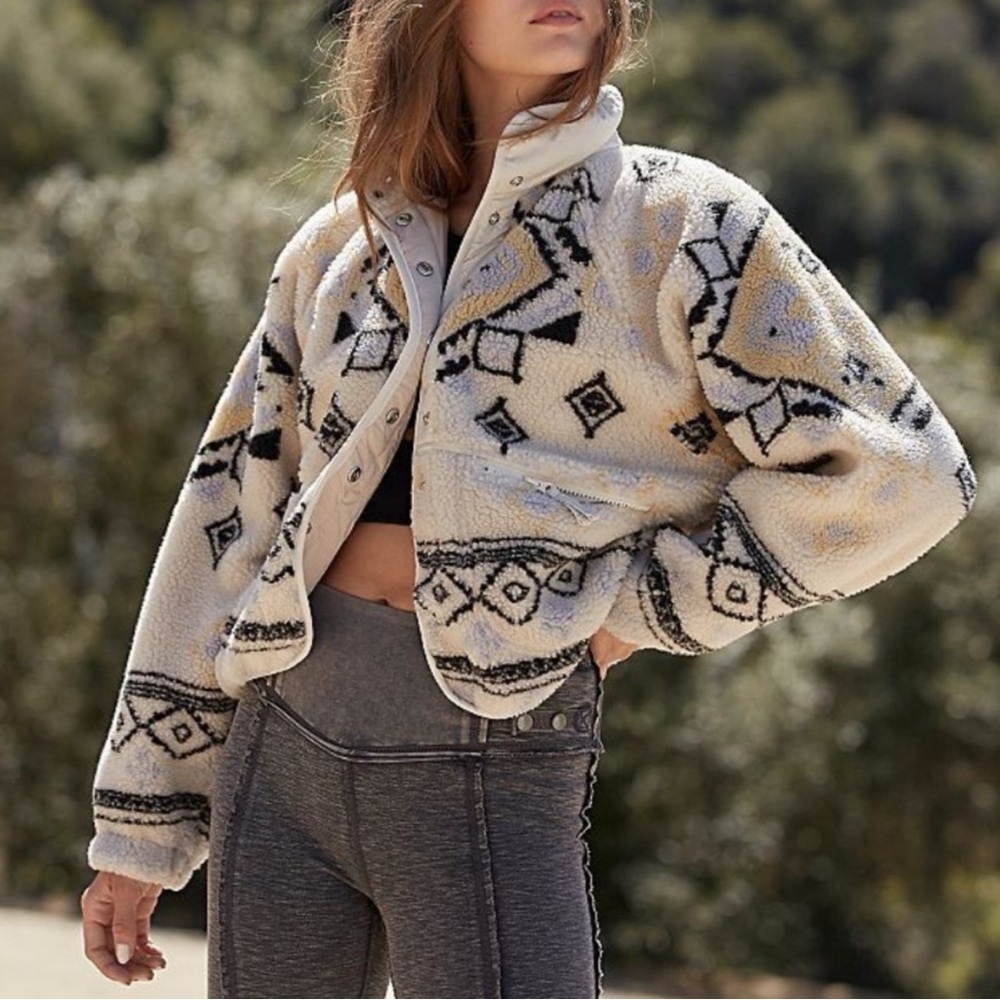 FP Movement by Free People Patterned Fleece Jacket - Cream and Black